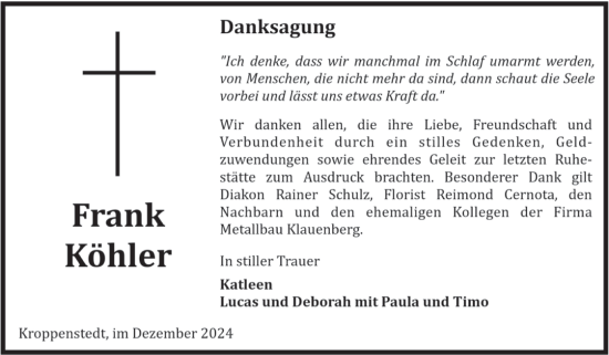Traueranzeige von Frank Köhler von Volksstimme Oschersleben/Wanzleben