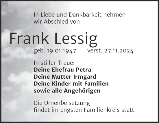 Traueranzeige von Frank Lessig von Trauerkombi Weißenfels