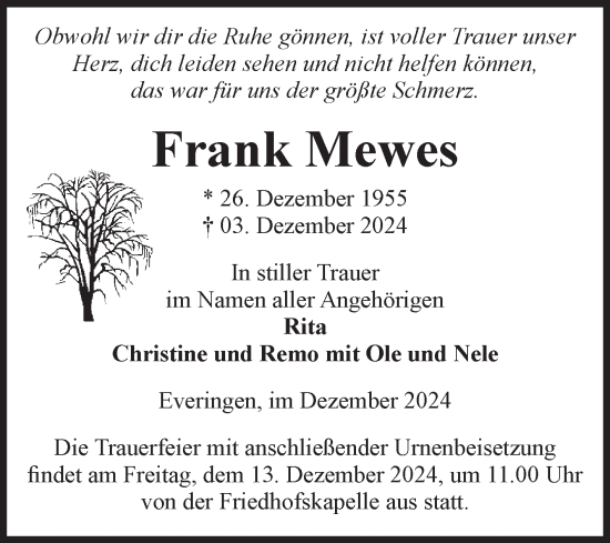 Traueranzeige von Frank Mewes von Volksstimme Haldensleben/Wolmirstedt