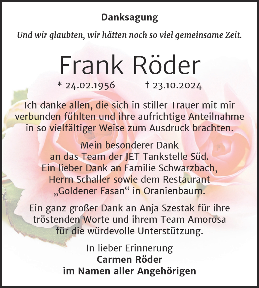  Traueranzeige für Frank Röder vom 07.12.2024 aus Trauerkombi Dessau