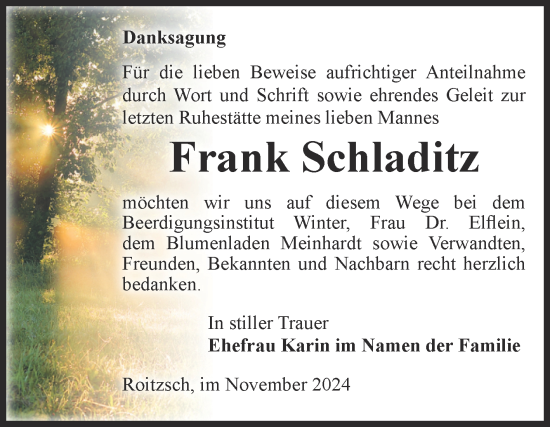 Traueranzeige von Frank Schladitz von Trauerkombi Bitterfeld