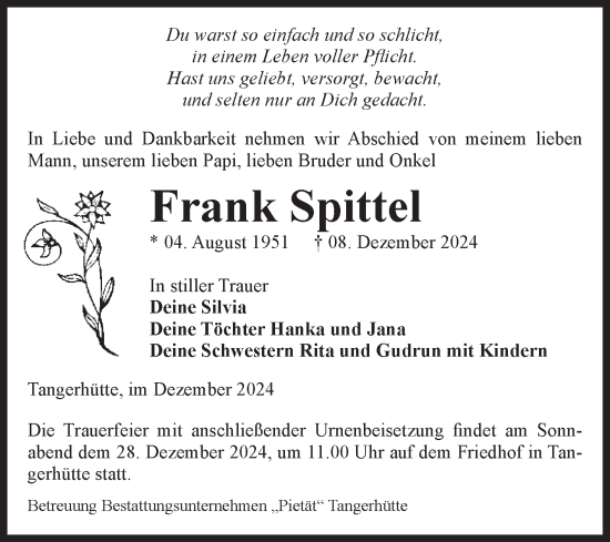 Traueranzeige von Frank Spittel von Volksstimme Altmark Ost