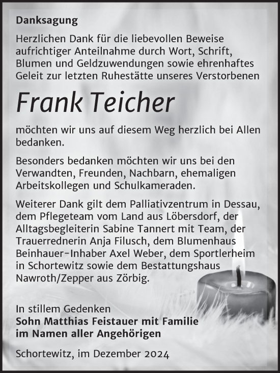 Traueranzeige von Frank Teicher von Trauerkombi Köthen