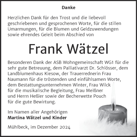 Traueranzeige von Frank Wätzel von Trauerkombi Bitterfeld