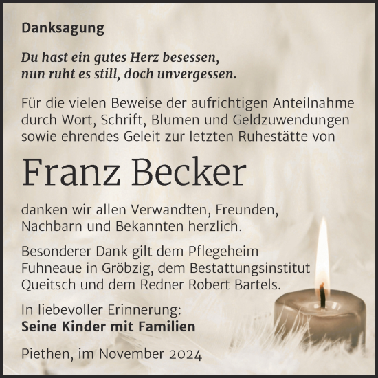 Traueranzeige von Franz Becker von Trauerkombi Köthen