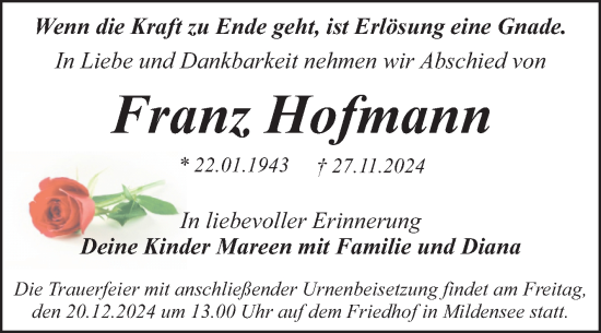 Traueranzeige von Franz Hofmann von Trauerkombi Dessau