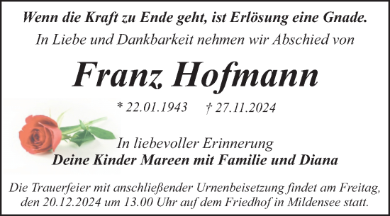 Traueranzeige von Franz Hofmann von Super Sonntag Dessau-Roßlau