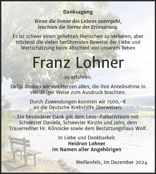 Traueranzeige von Franz Lohner von Trauerkombi Weißenfels