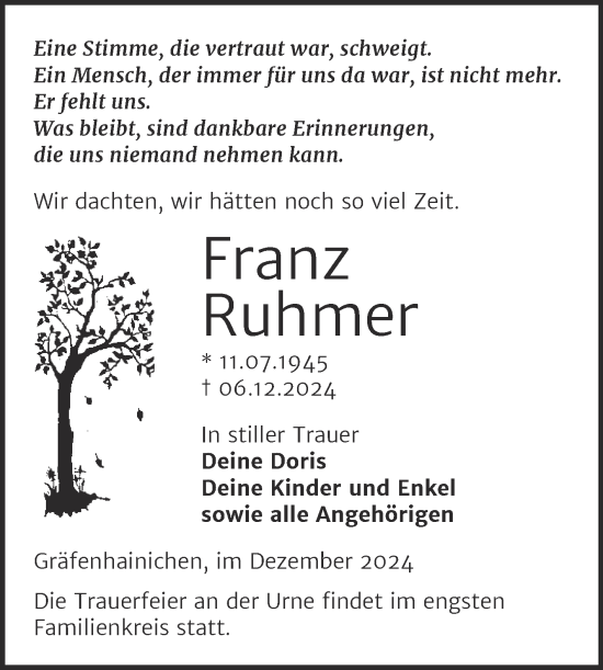 Traueranzeige von Franz Ruhmer von Trauerkombi Wittenberg