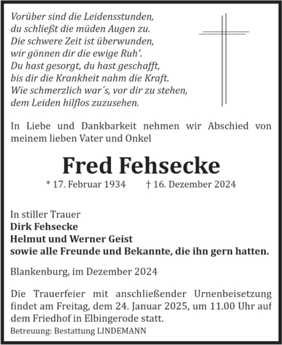 Traueranzeige von Fred Fehsecke von Volksstimme Wernigerode
