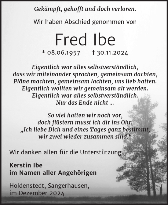 Traueranzeige von Fred Ibe von Trauerkombi Sangerhausen