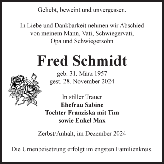 Traueranzeige von Fred Schmidt von Volksstimme Zerbst
