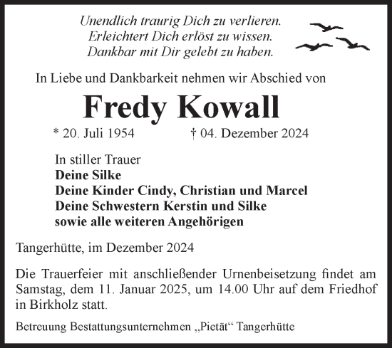 Traueranzeige von Fredy Kowall von Volksstimme Altmark Ost