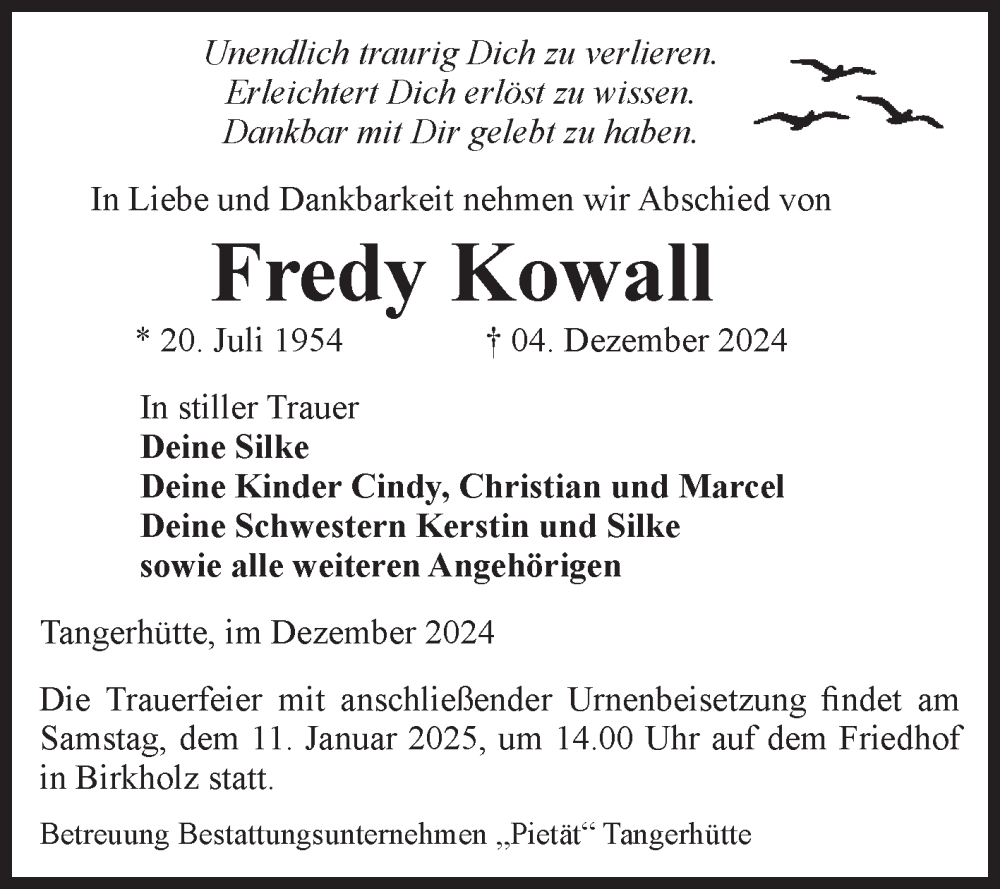  Traueranzeige für Fredy Kowall vom 14.12.2024 aus Volksstimme Altmark Ost