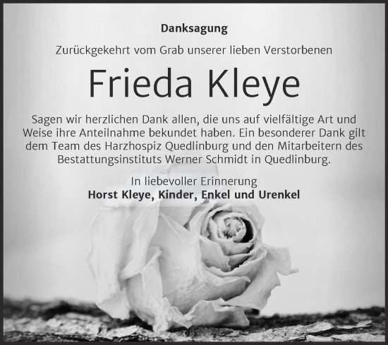 Traueranzeige von Frieda Kleye von Trauerkombi Quedlinburg