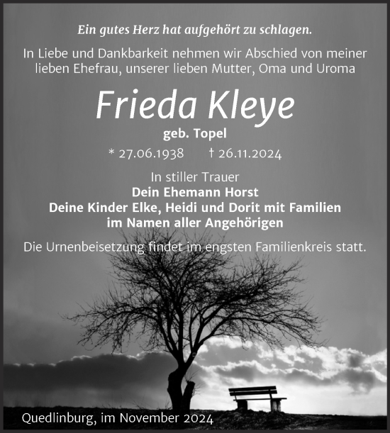 Traueranzeige von Frieda Kleye von Trauerkombi Quedlinburg