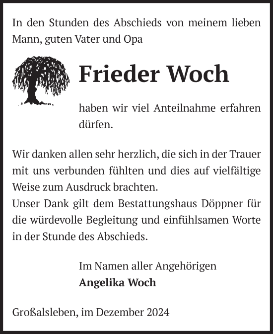Traueranzeige von Frieder Woch von Volksstimme Oschersleben/Wanzleben
