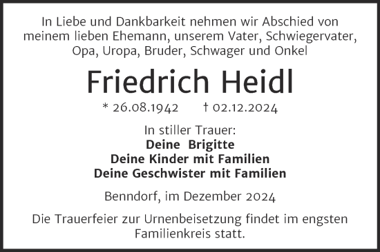 Traueranzeige von Friedrich Heidl von Trauerkombi Mansfelder Land