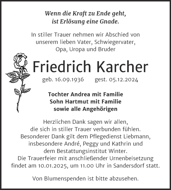 Traueranzeige von Friedrich Karcher von Trauerkombi Bitterfeld