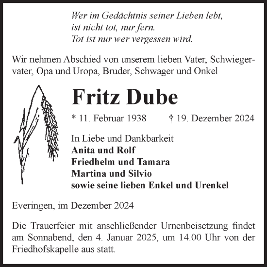 Traueranzeige von Fritz Dube von Volksstimme Haldensleben/Wolmirstedt