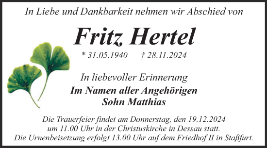 Traueranzeige von Fritz Hertel von Trauerkombi Dessau