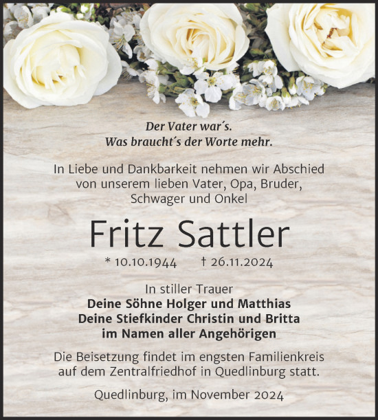 Traueranzeige von Fritz Sattler von Trauerkombi Quedlinburg