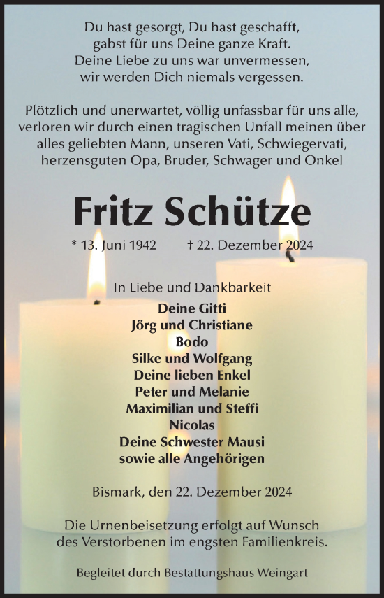 Traueranzeige von Fritz Schütze von Volksstimme Altmark West