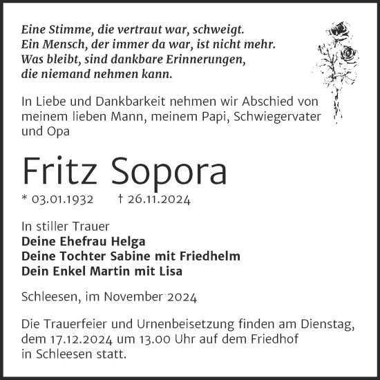 Traueranzeige von Fritz Sopora von Trauerkombi Wittenberg