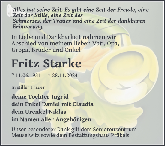 Traueranzeige von Fritz Starke von Trauerkombi Zeitz
