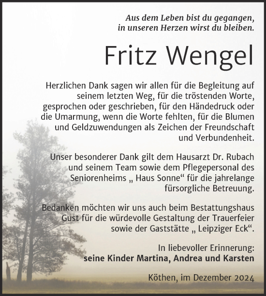 Traueranzeige von Fritz Wengel von Trauerkombi Köthen