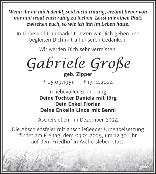 Traueranzeige von Gabriele Große von Trauerkombi Aschersleben