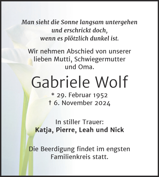 Traueranzeige von Gabriele Wolf von Mitteldeutsche Zeitung Halle/Saalkreis