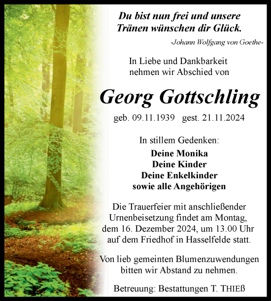 Traueranzeige von Georg Gottschling von Volksstimme Wernigerode