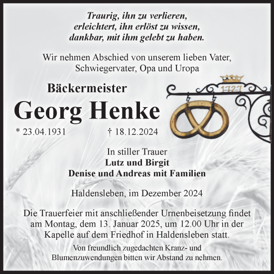 Traueranzeige von Georg Henke von Volksstimme Haldensleben/Wolmirstedt