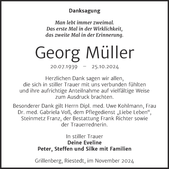 Traueranzeige von Georg Müller von Trauerkombi Sangerhausen