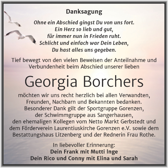 Traueranzeige von Georgia Borchers von Trauerkombi Mansfelder Land