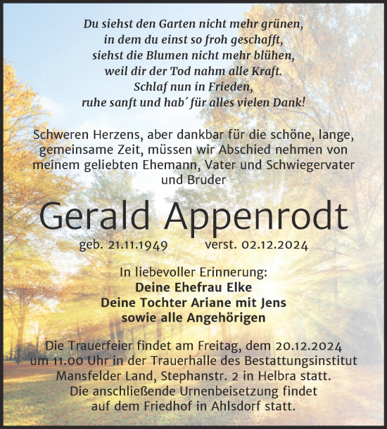 Traueranzeige von Gerald Appenrodt von Trauerkombi Mansfelder Land