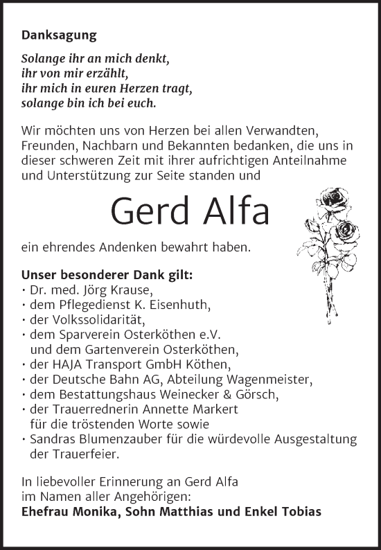 Traueranzeige von Gerd Alfa von Trauerkombi Köthen