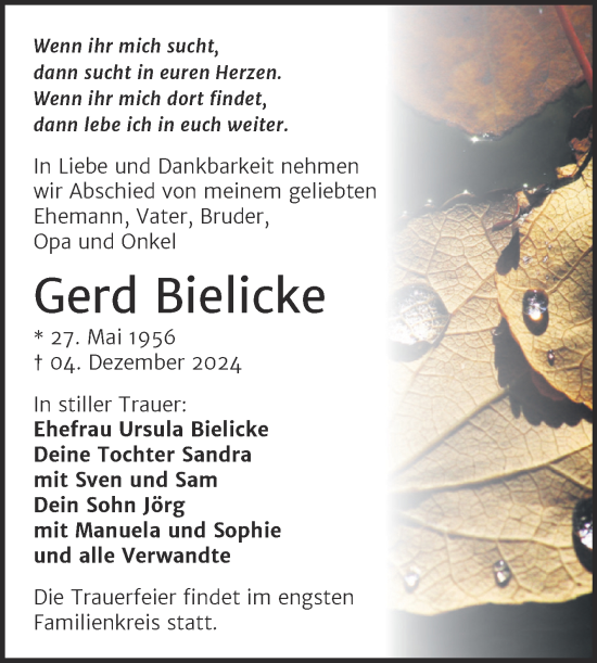 Traueranzeige von Gerd Bielicke von Trauerkombi Dessau