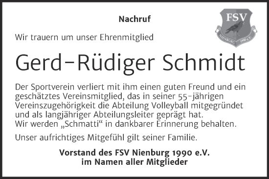 Traueranzeige von Gerd-Rüdiger Schmidt von Super Sonntag Bernburg