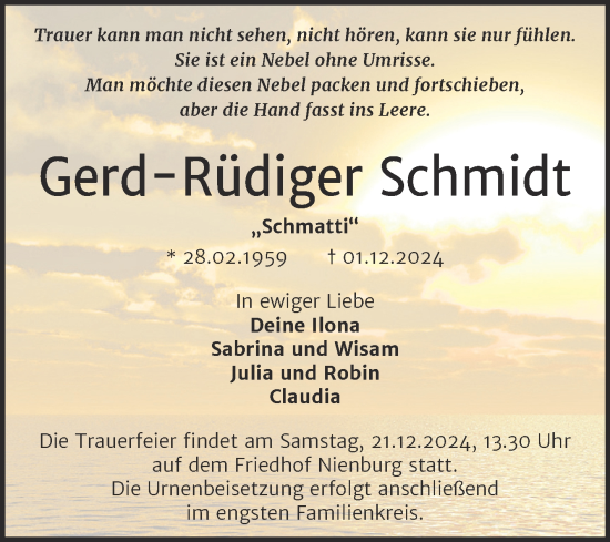 Traueranzeige von Gerd-Rüdiger Schmidt von Trauerkombi Bernburg