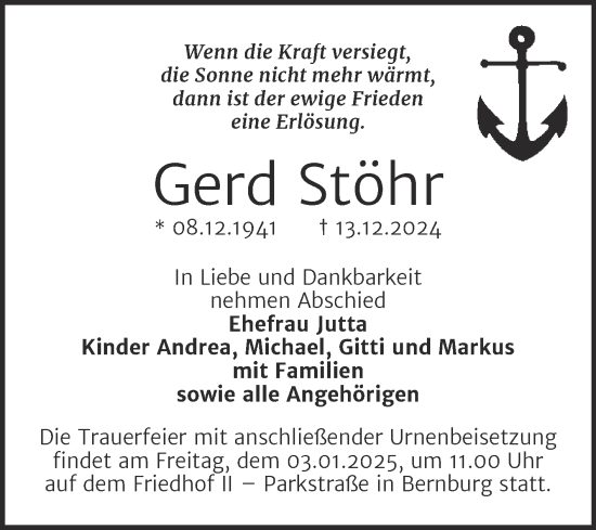 Traueranzeige von Gerd Stöhr von Trauerkombi Bernburg