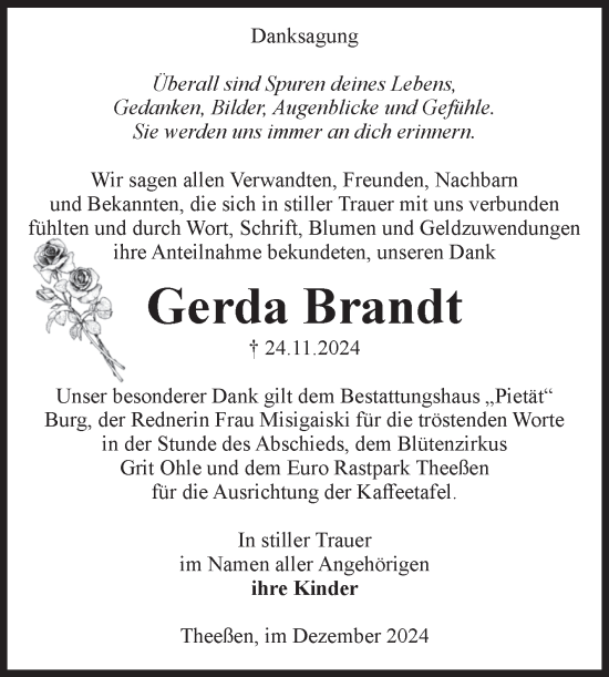 Traueranzeige von Gerda Brandt von Volksstimme Burg/Genthin