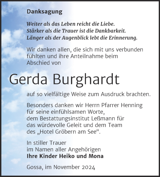 Traueranzeige von Gerda Burghardt von Trauerkombi Bitterfeld