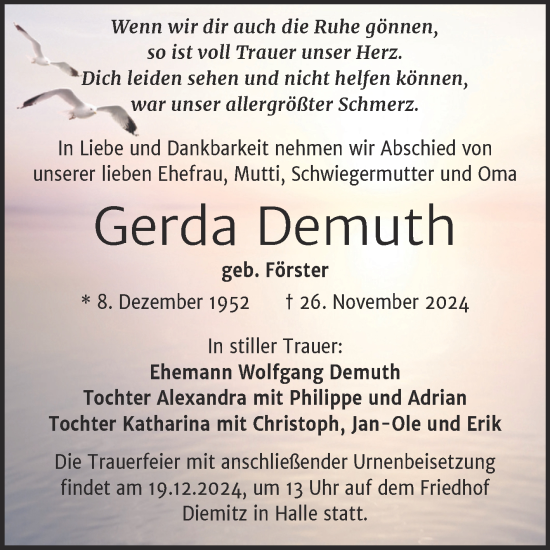 Traueranzeige von Gerda Demuth von Mitteldeutsche Zeitung Halle/Saalkreis