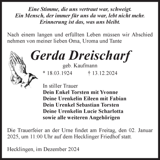 Traueranzeige von Gerda Dreischarf von Volksstimme Staßfurt