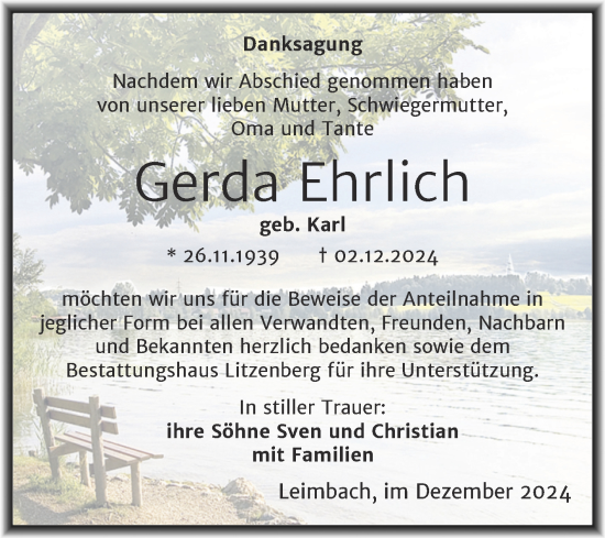 Traueranzeige von Gerda Ehrlich von Trauerkombi Mansfelder Land