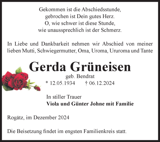 Traueranzeige von Gerda Grüneisen von Volksstimme Altmark Ost