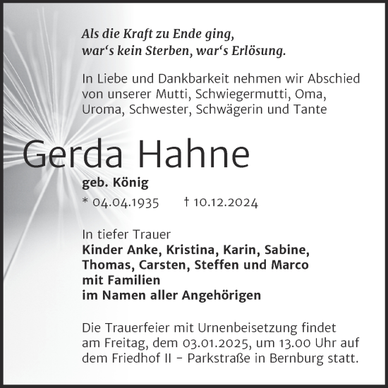 Traueranzeige von Gerda Hahne von Trauerkombi Bernburg