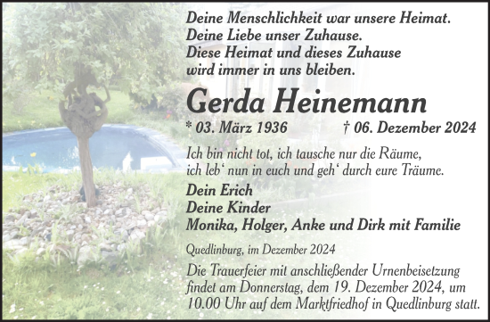 Traueranzeige von Gerda Heinemann von Trauerkombi Quedlinburg